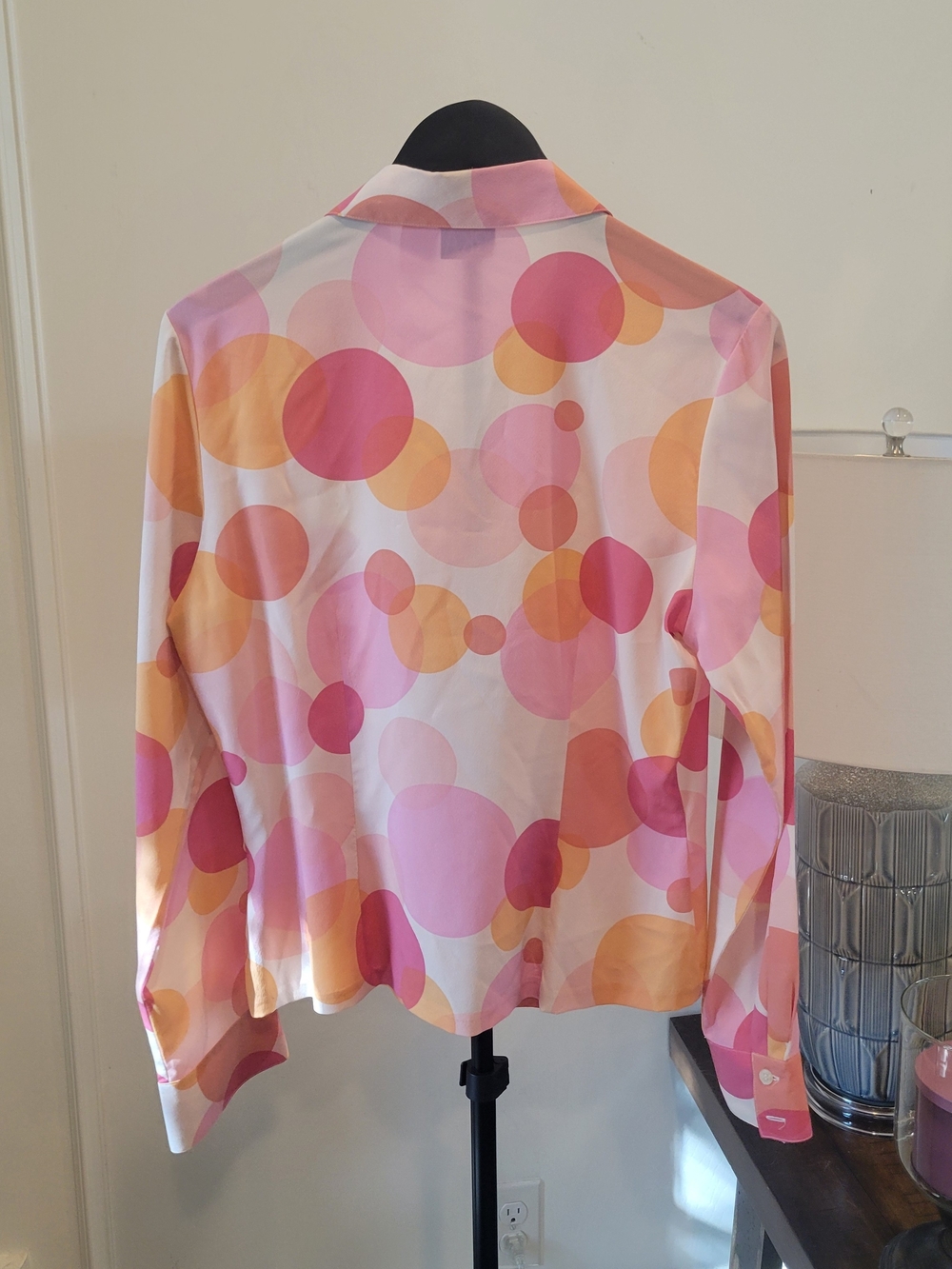 Vintage IRKA Silk Button-Down Shirt in Pink & Orange Dot Print - Picture 3 of 4